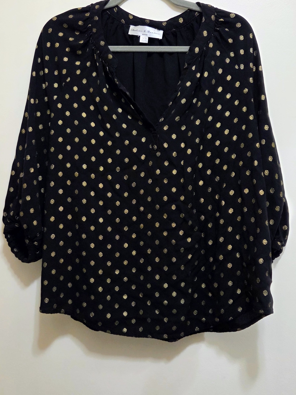 Chelsea & Theodore Black Peasant Blouse with Gold Dot Print